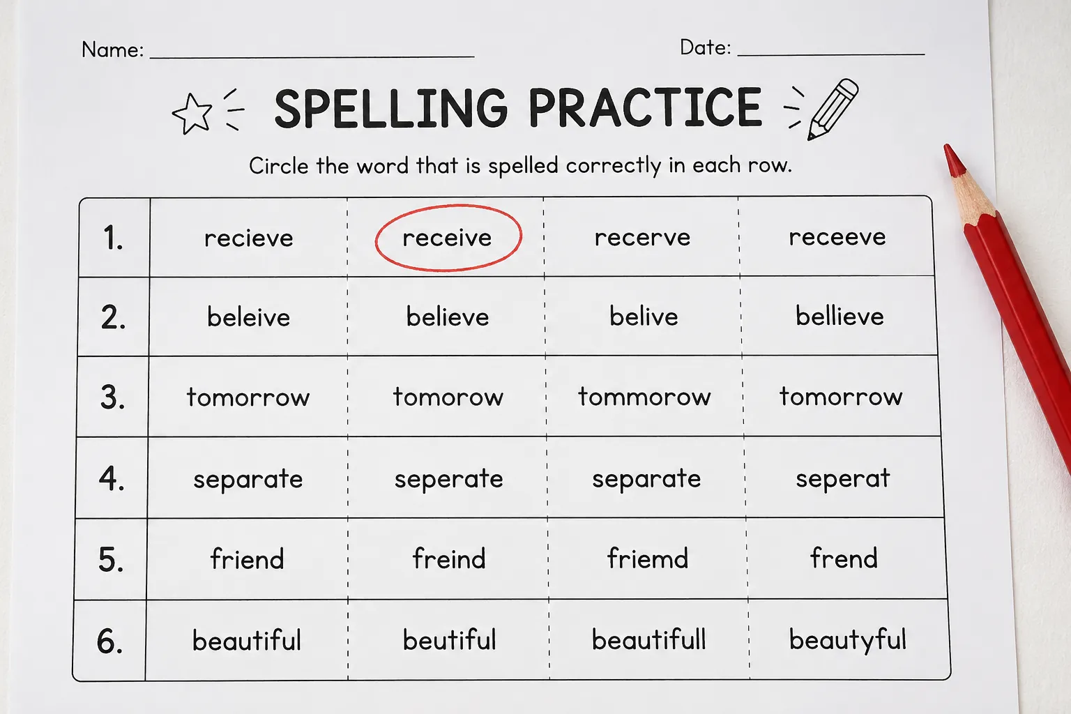 Spelling test generator circle the correct word