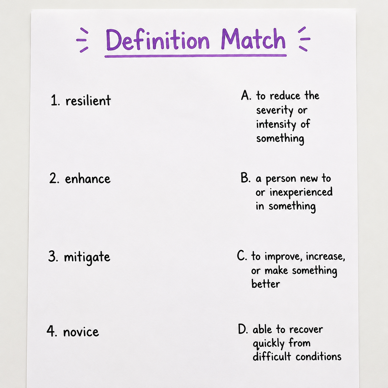 Definition match spelling worksheet
