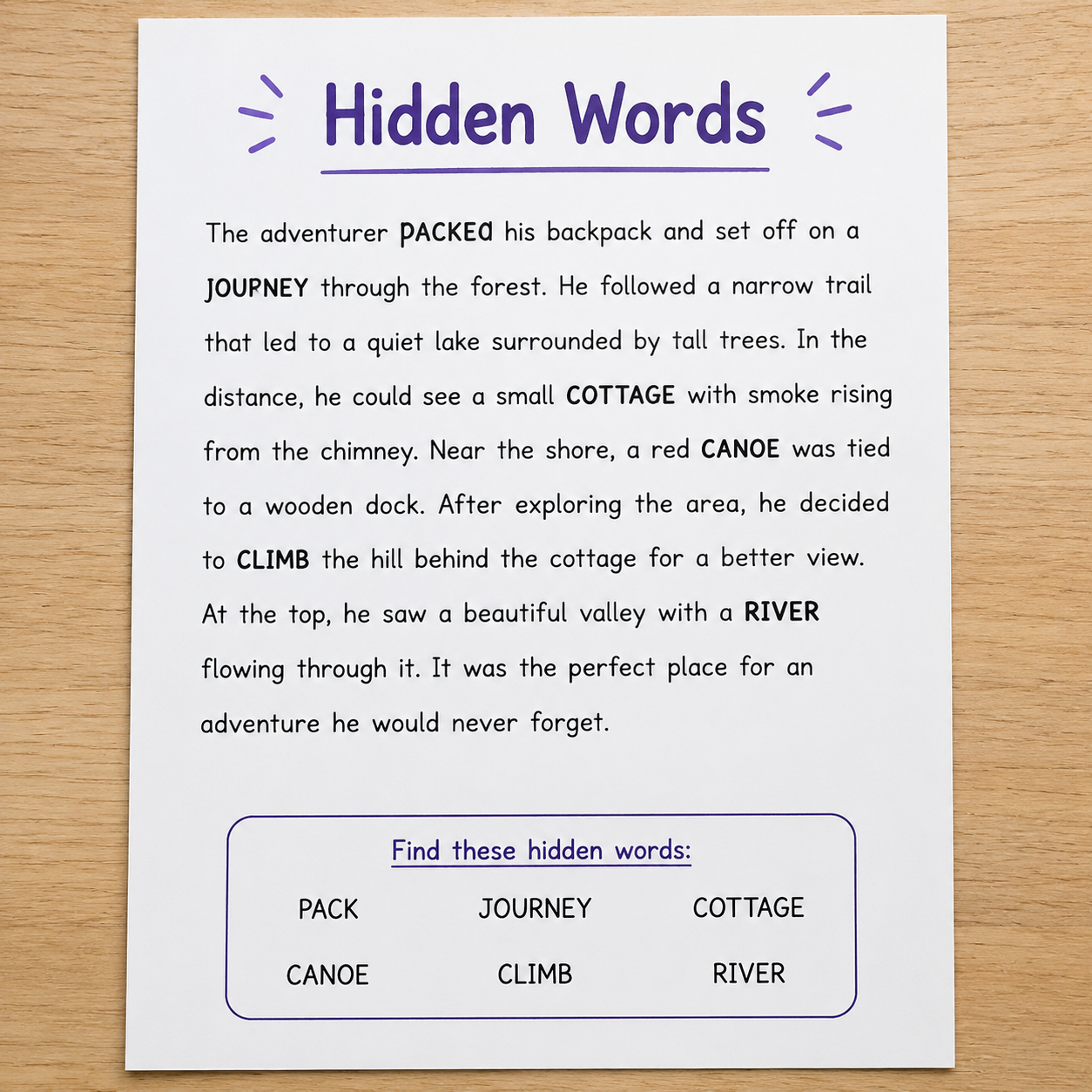 Hidden words spelling worksheet