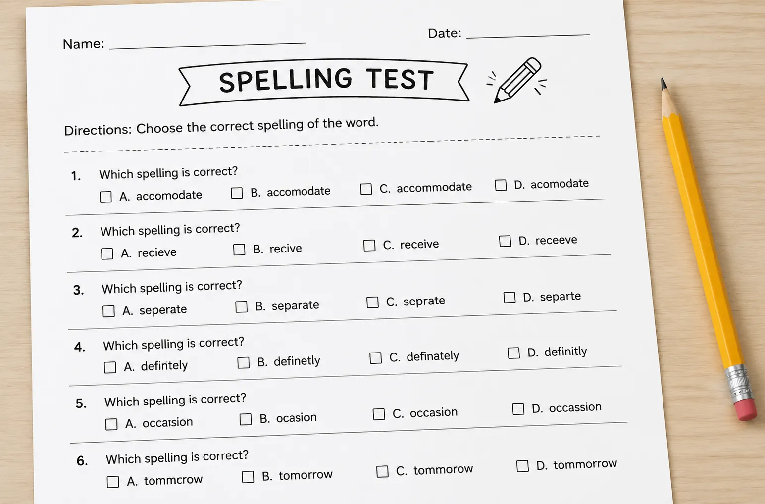 Multiple choice spelling test generator
