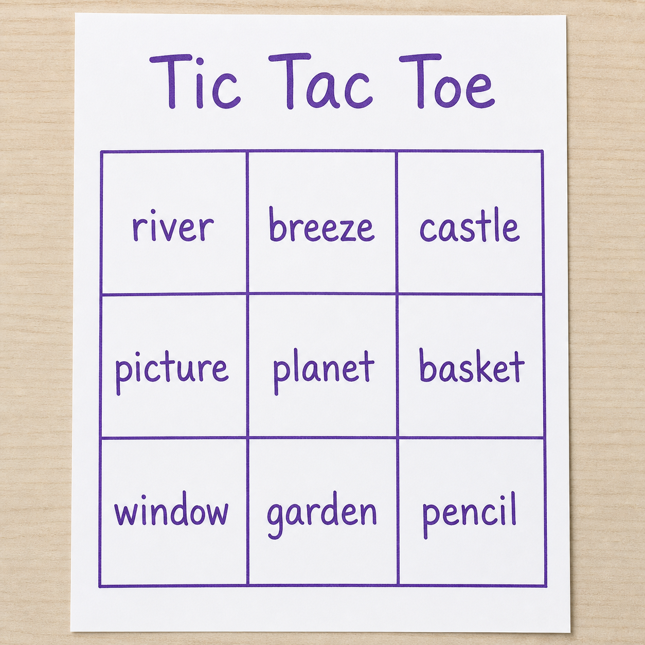 Tic tac toe spelling worksheet