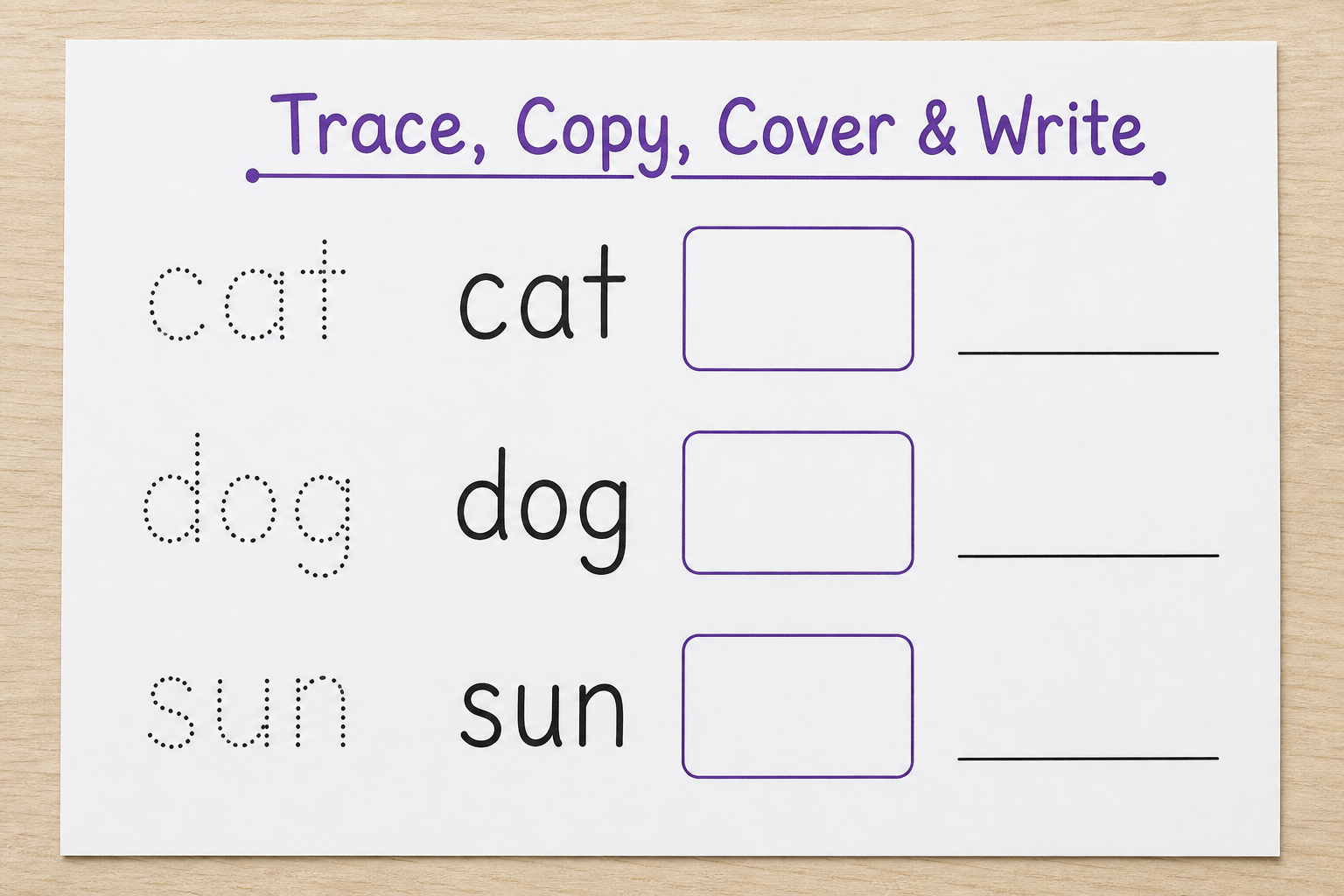 Trace copy cover write spelling worksheet