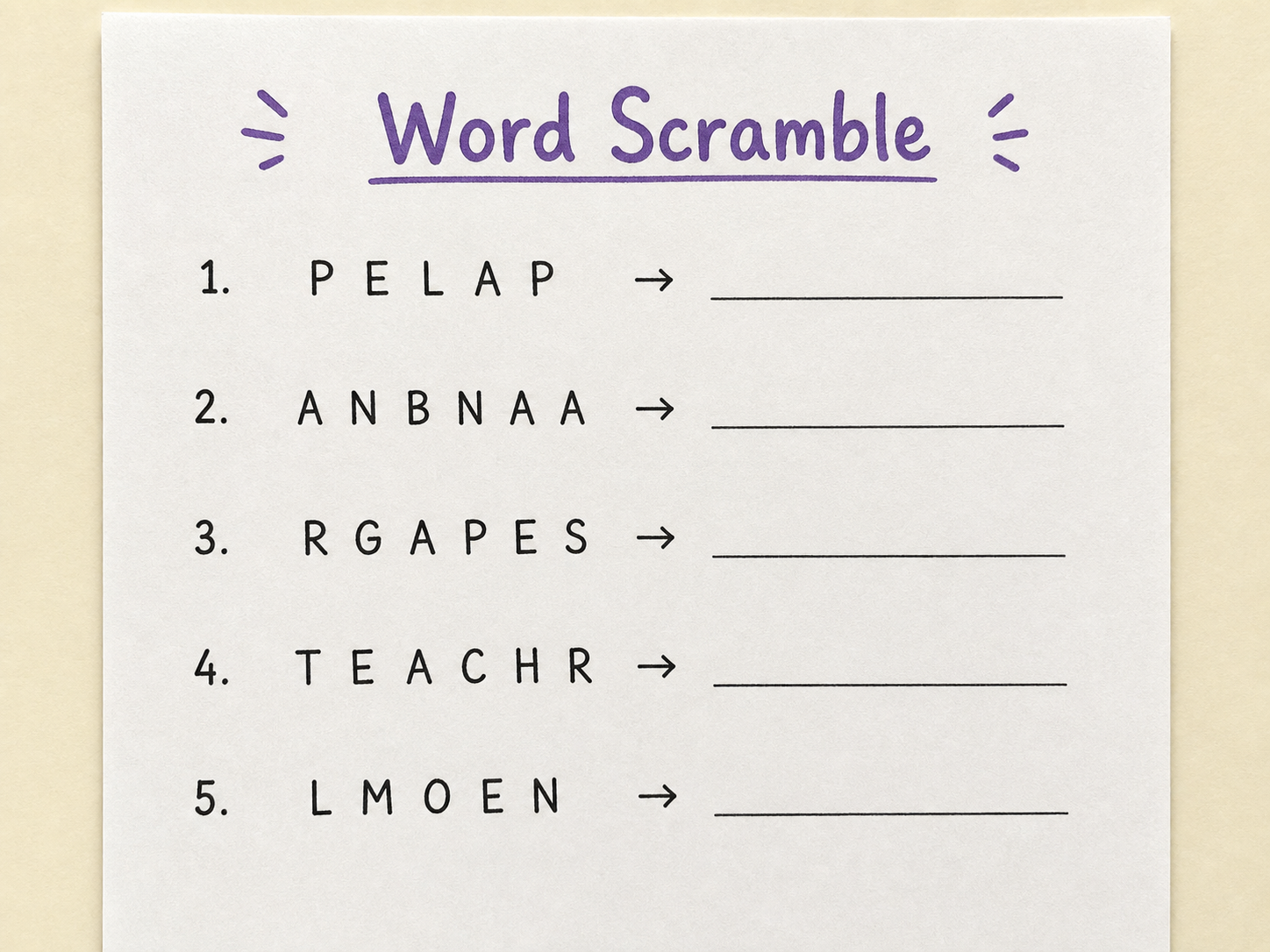 Word scramble spelling worksheet generator